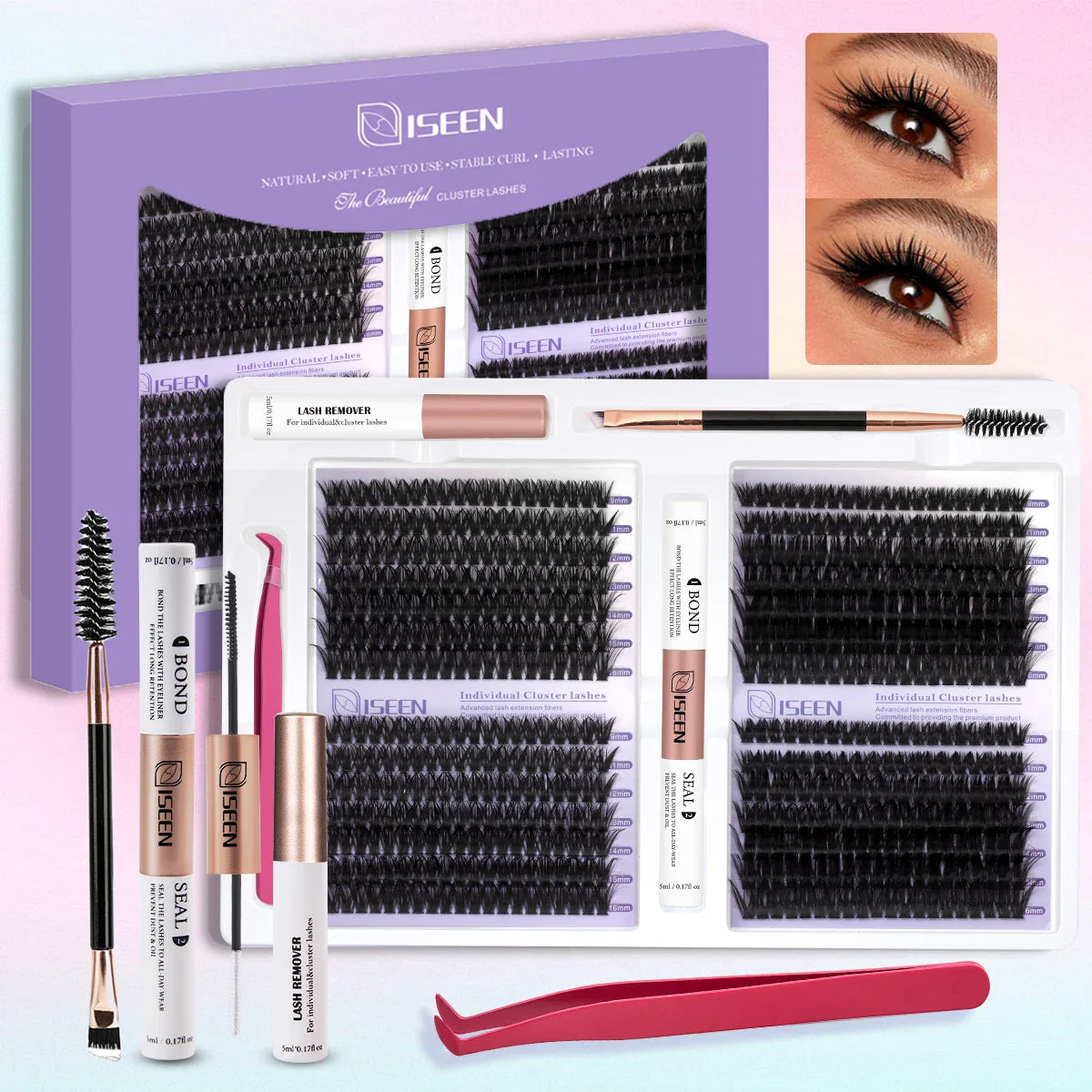 ISEEN DIY Eyelash Extension Kit Cluster Mix Eyelashes Full Set Lashes Kit with Lash Bond & Seal and Eyelash Tweezers and Brush