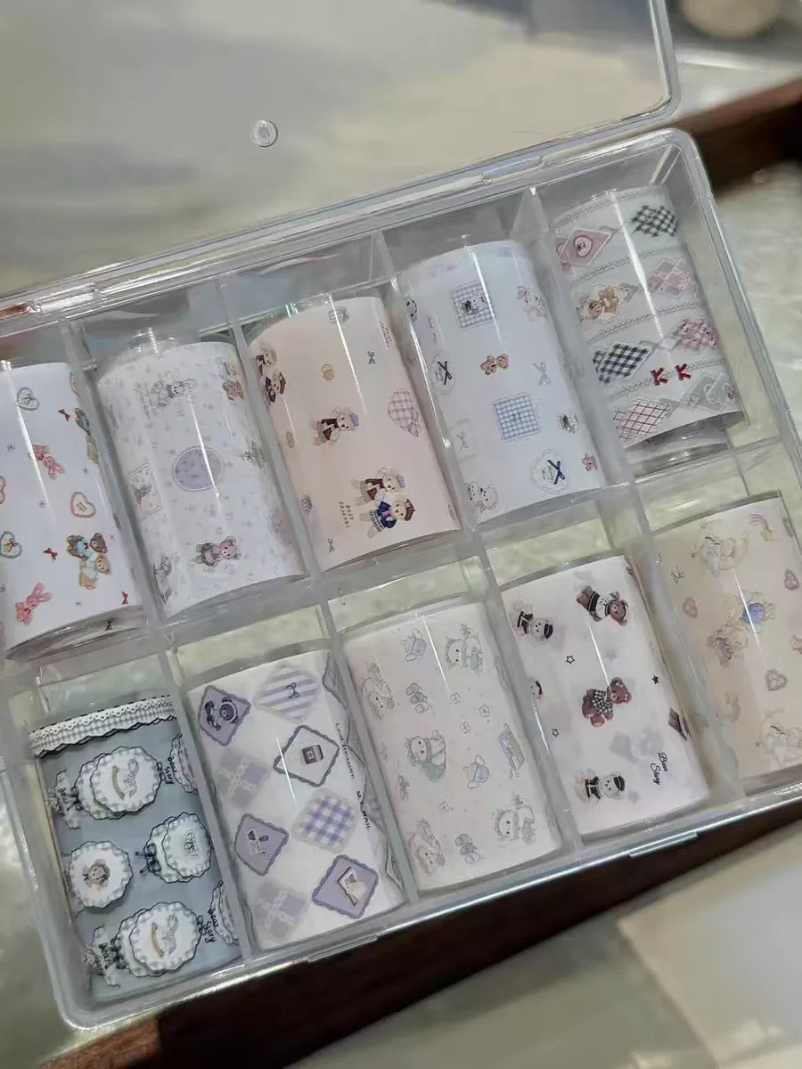 10Rolls Plaid Thousand-Bird Bow Stars Nail Foils Transfer Paper Nail Art Stickers Manicure Set Decal Nails Decoration