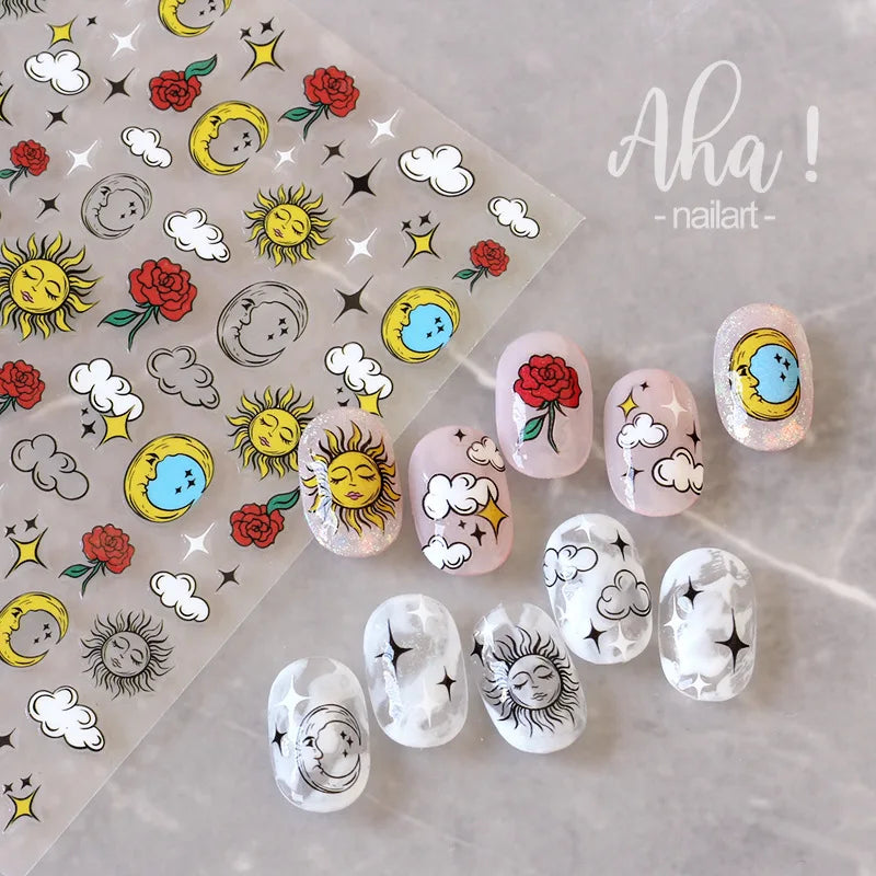 1Pcs Star/Moon/Cross Nail Art Stickers Gold/Silver Holographic Star Nail Decals Self-Adhesive 3D Manicure Decor