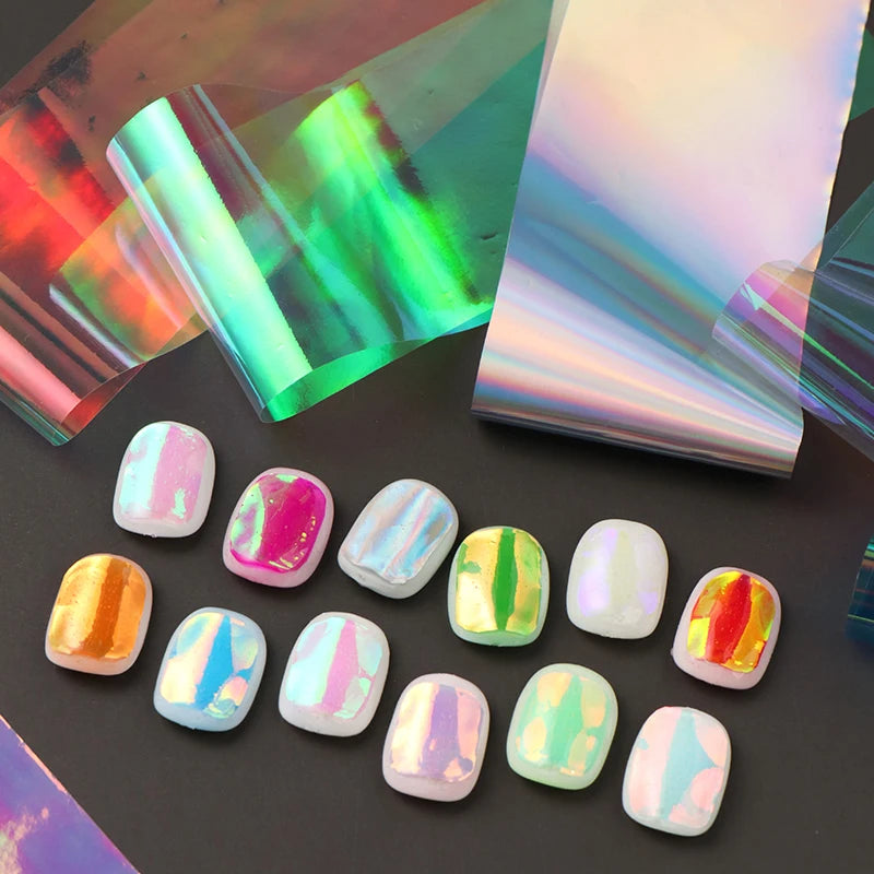 12pcs Aurora Foils Nail Art Stickers Holographic Laser Glass Paper Iridescent Cellophane Sliders Y2K Ice Cube Nail Art Decor