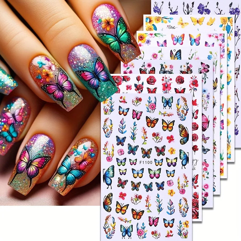 Spring and summer flower butterfly nail stickers, used for DIY nail decoration in daily life, festivals, parties, and weddings