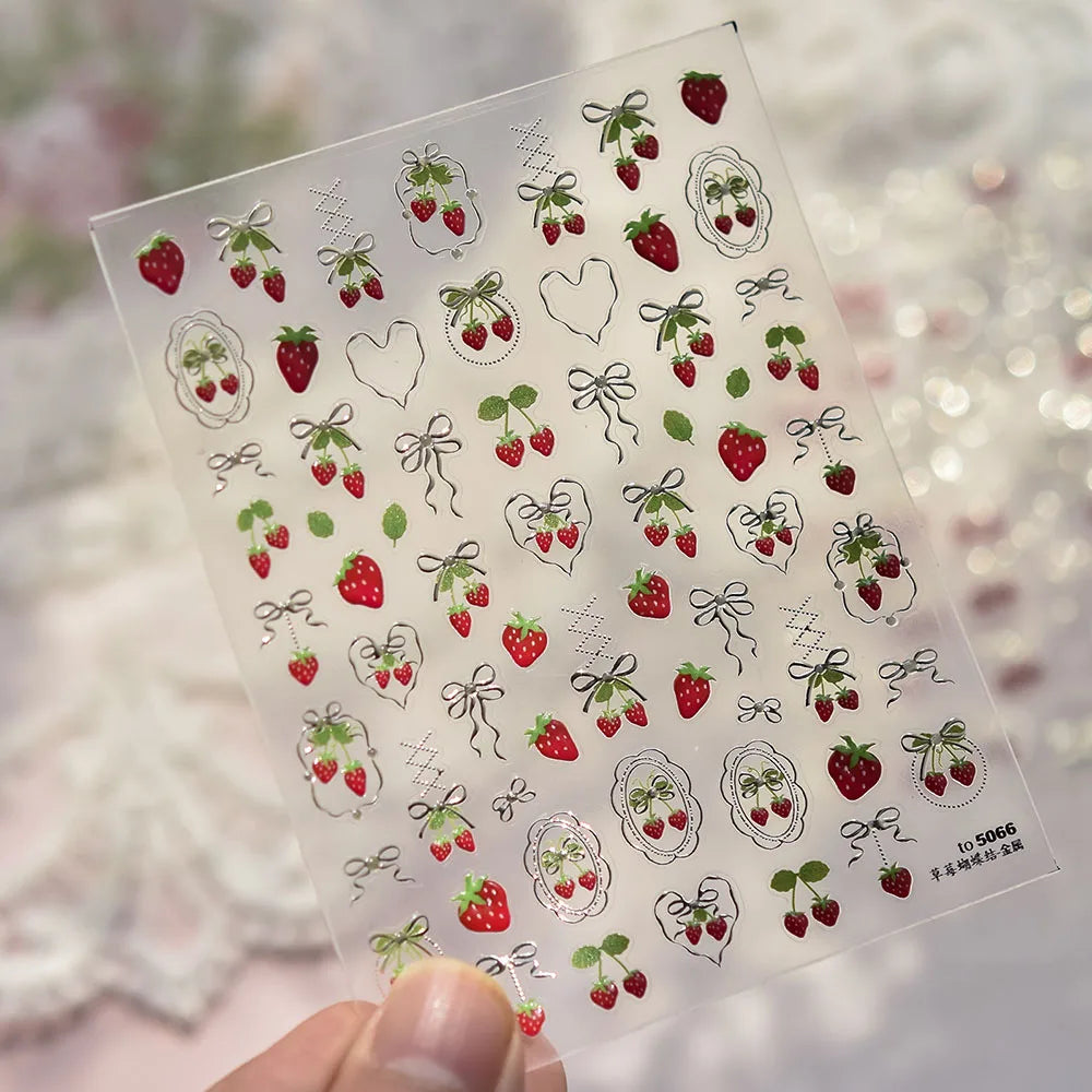 Strawberry Nail Art Stickers 5D Gold Silver Embossed Strawberry Jelly Nail Decals Sticker Bow Heart Shape Adhesive Sliders