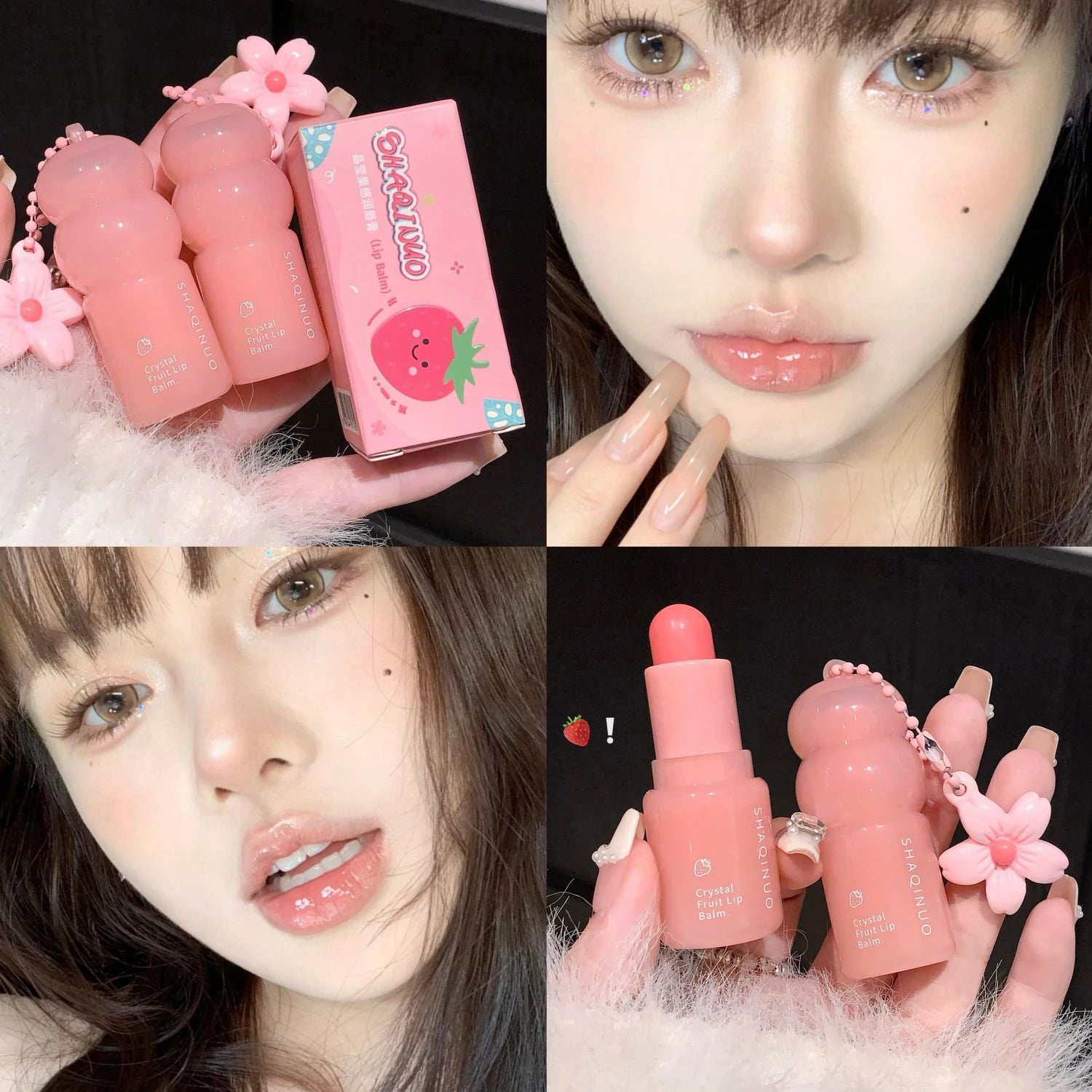Crystal Strawberry Lip Balm Moisturizing Hydrating Lips Mask Stick Reduce Lip Lines Key Chain for Lip Care Change Color Lipstick