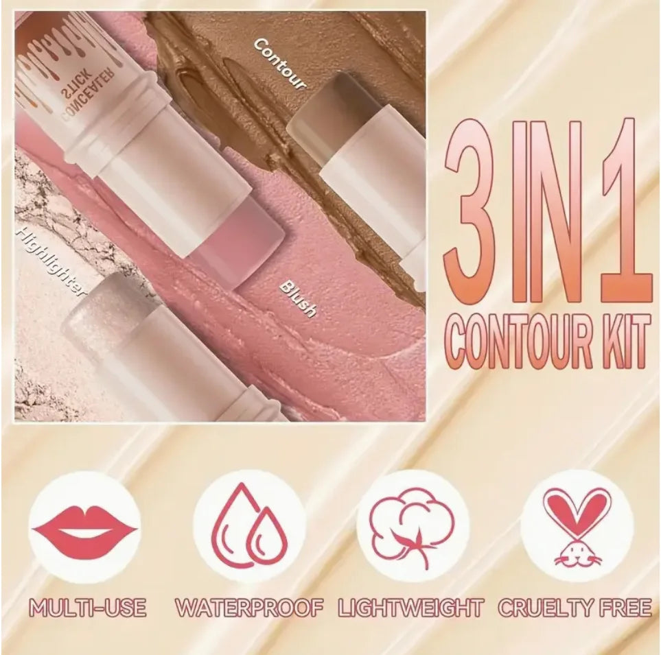 3pcs Contour Stick, Blush Stick, Highlighter Stick, Bronzer Stick - 3pcs Cream Contour Kit For A Flawless Look, Contour Stick Ma