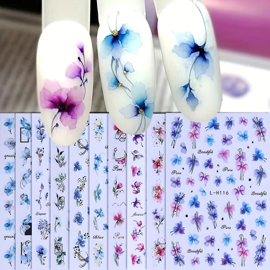 Spring and summer gradient ink flower nail stickers, used for DIY nail decoration in daily life, festivals, parties, and wedding