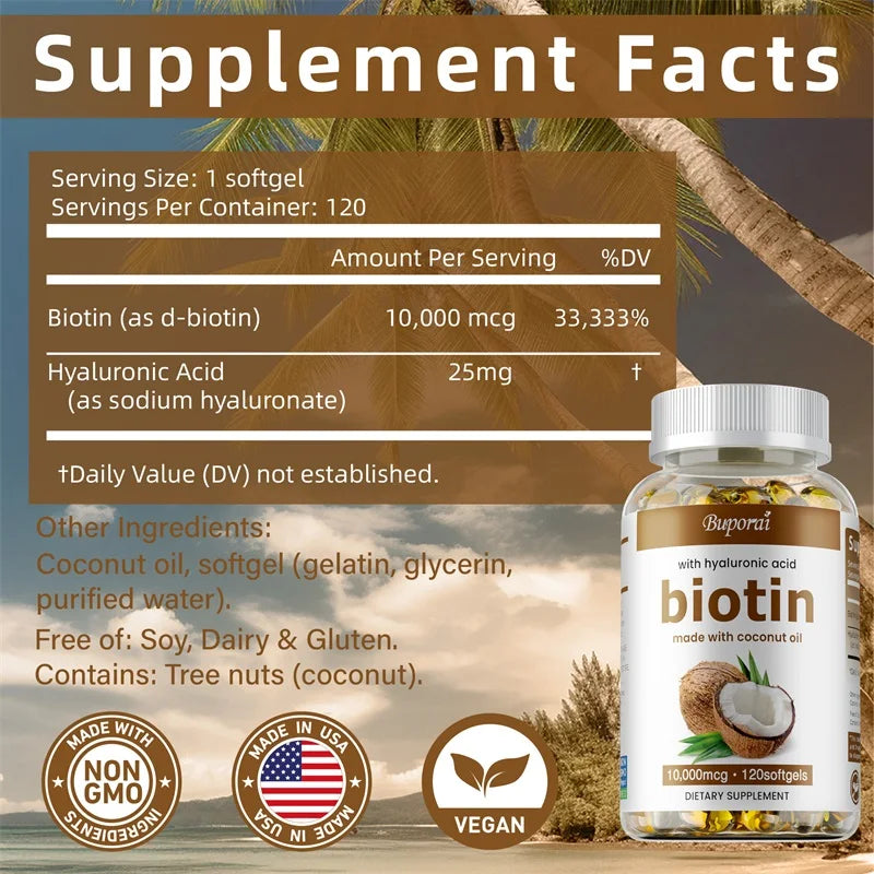 Biotin with Hyaluronic Acid - Hydrates Skin, Soothes Joints, Promotes Healthy Hair and Eyes