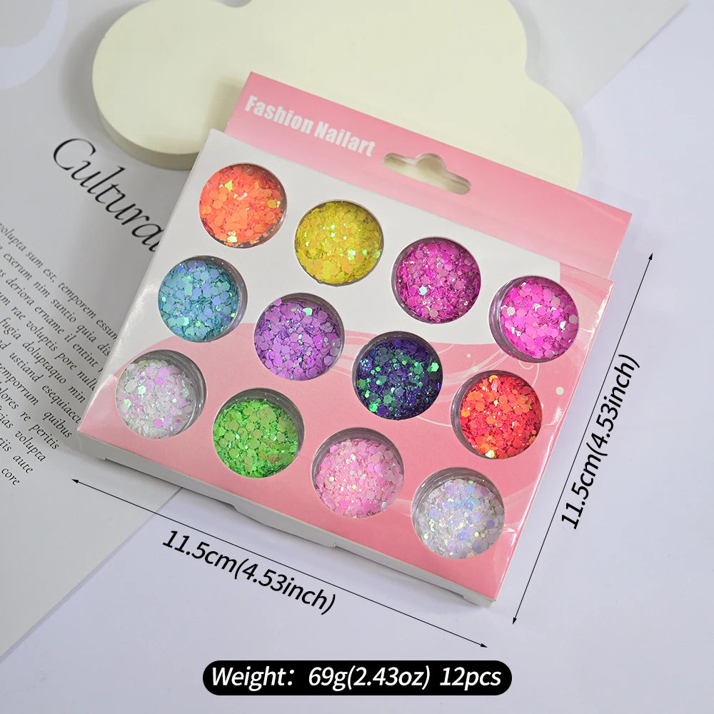 12Pcs Iridescent Nail Art Glitter Sequins Holographic Mix Hexagon Chunky Flakes DIYGel Polish Crafts Manicure Decorations Powder
