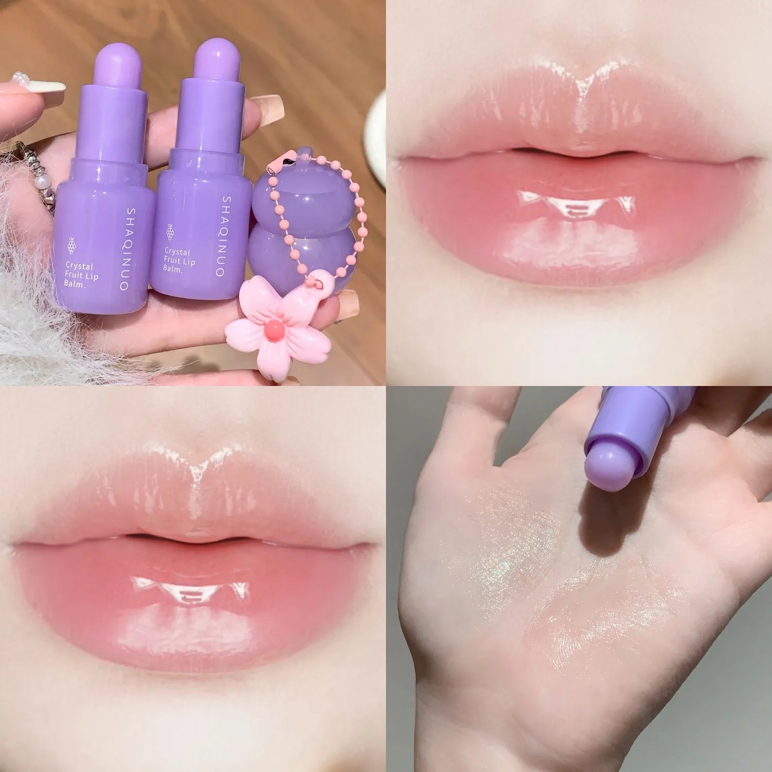 Crystal Strawberry Lip Balm Moisturizing Hydrating Lips Mask Stick Reduce Lip Lines Key Chain for Lip Care Change Color Lipstick