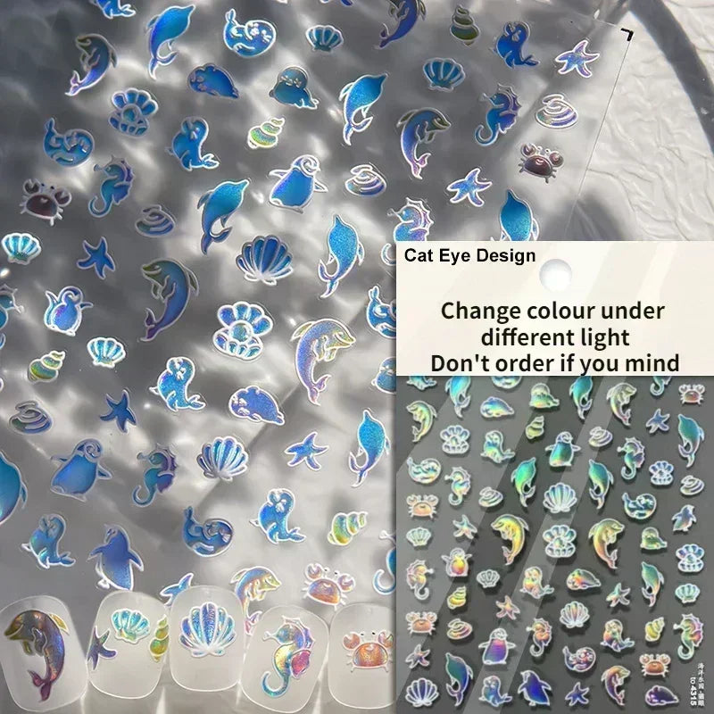 Sea Wave Jellyfish Starfish Conch Shell Dolphin Pearl Summer Beach Goldfish Water Bubble Mermaid Koi INS Nail Art Stickers Decal