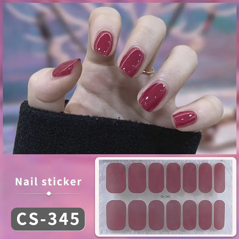 Pink Glitter Design Baking-free Nail Stickers French Style Solid Color Adhesive Full Cover Nail Strip Slider DIY Manicure Decals