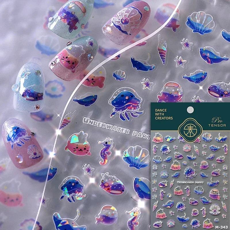 Sea Wave Jellyfish Starfish Conch Shell Dolphin Pearl Summer Beach Goldfish Water Bubble Mermaid Koi INS Nail Art Stickers Decal