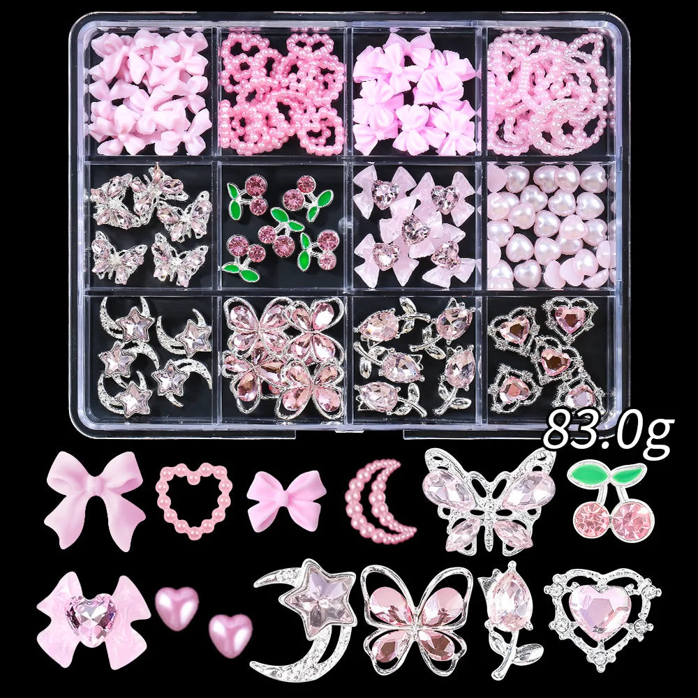 1 Box Pink White Series Bow Heart Nail Charms 3D Arcylic Nail Art Decorations Pearl 5-petal Flower Jewelry Manicure Accessories*