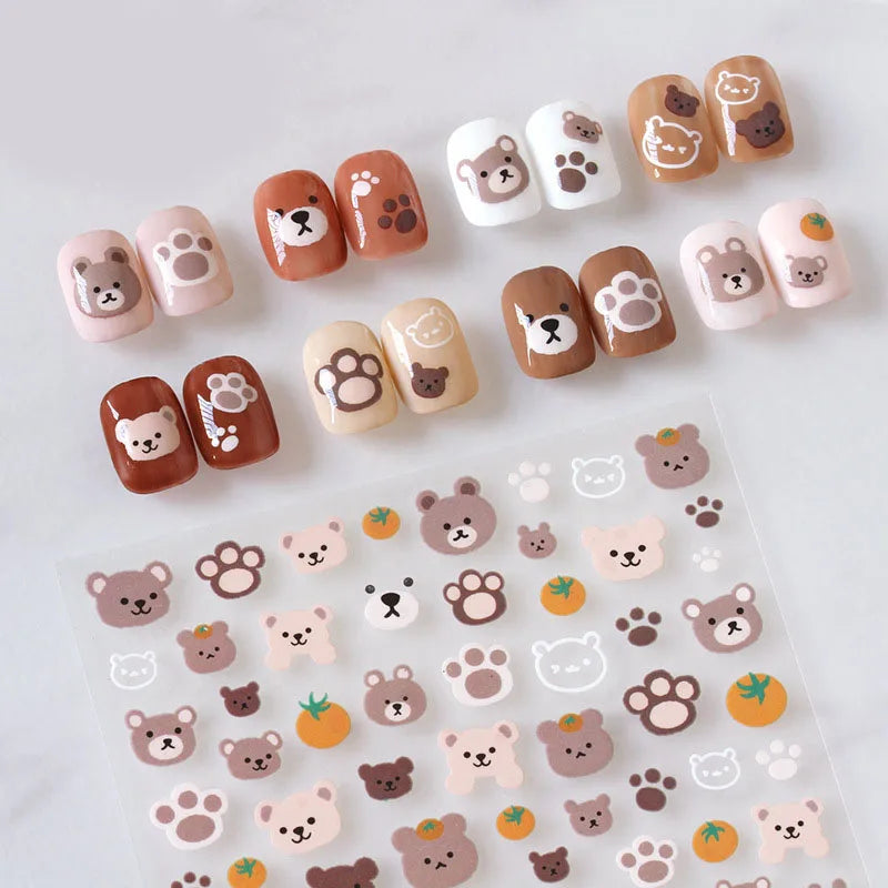 Cute Cartoon Nail Art Stickers, Bear Rabbit Flowers Panda Designs, Adhesive Decals for Nails Manicure Decoration