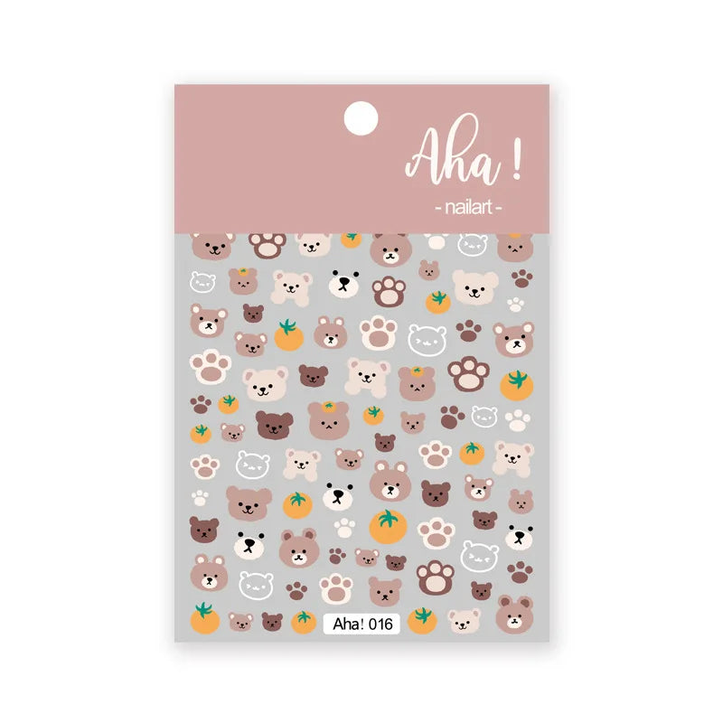 Cute Cartoon Nail Art Stickers, Bear Rabbit Flowers Panda Designs, Adhesive Decals for Nails Manicure Decoration