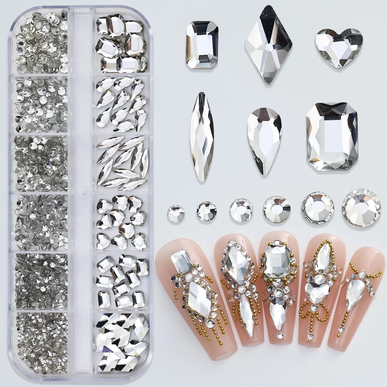 12Grids Pink Mixed Nail Rhinestones Luxury Nail Charms Glitter Crystal Jewelry Gems Nail Art Decoration DIY Manicure Rhinestones