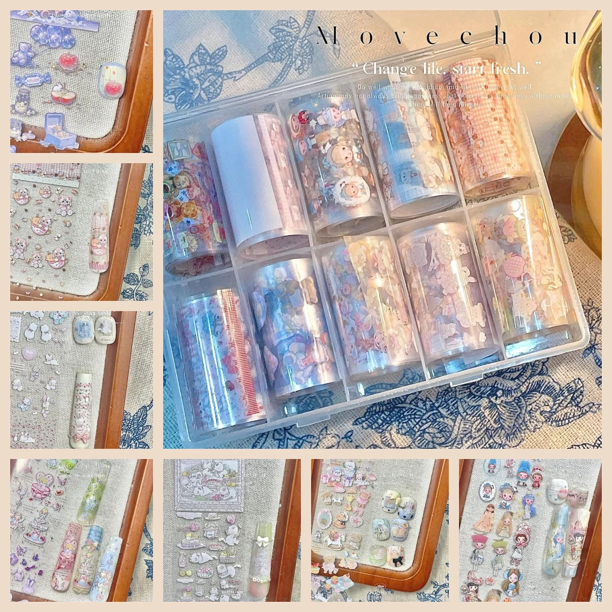 10Rolls Plaid Thousand-Bird Bow Stars Nail Foils Transfer Paper Nail Art Stickers Manicure Set Decal Nails Decoration