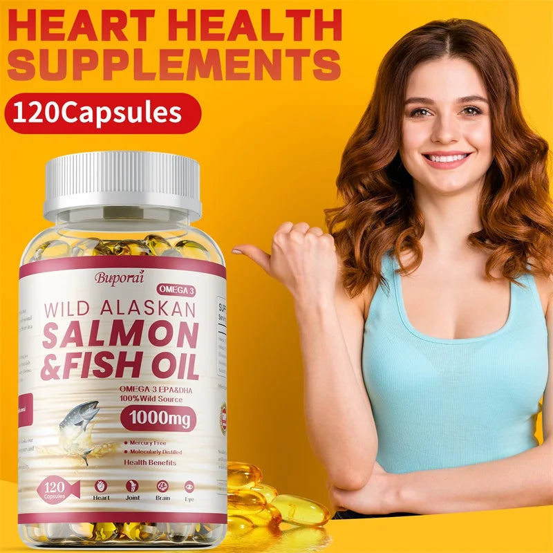 Salmon Fish Oil - Supports Brain and Nervous System, Cardiovascular and Skin Health, Antioxidant, Memory Enhancement