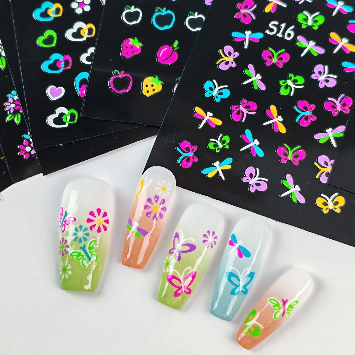 30 Sheets 3D Glow in The Dark Neon Nail Stickers - Glittery Glossy Self-Adhesive Nail Art Decorations with Butterfly, Love Heart
