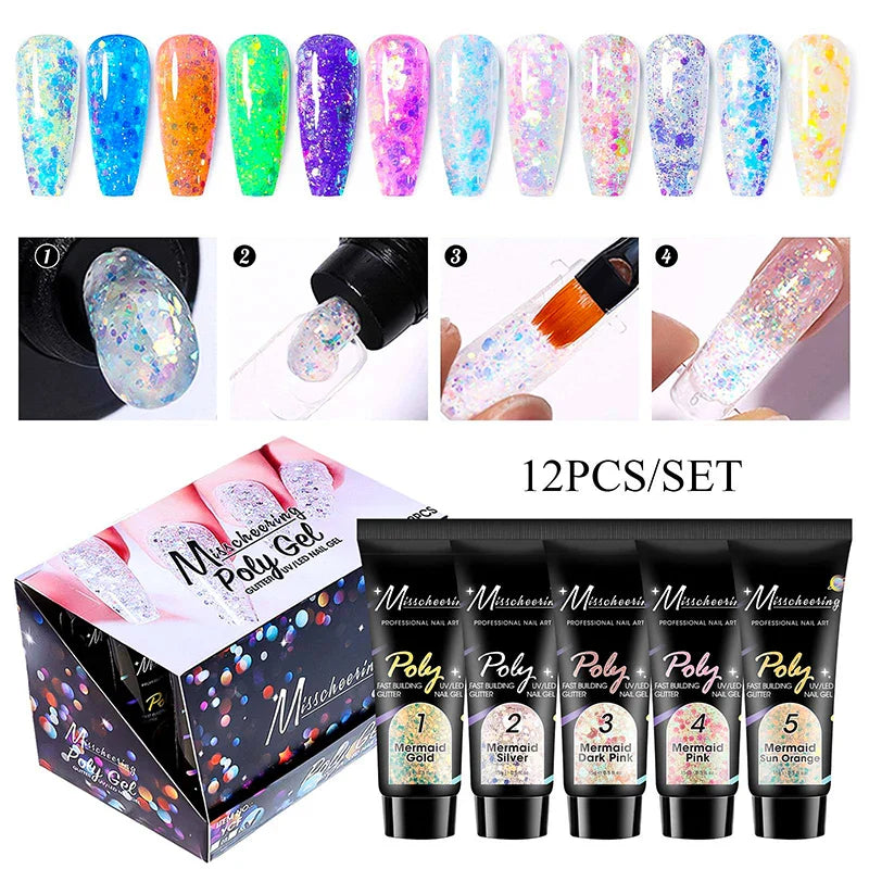 12pcs/set Extension Gel Nail Art Semi Permanent Acrylic Glitter Fluorescent Nude Colorful Fast Building Hybrid Varnish UV Nails