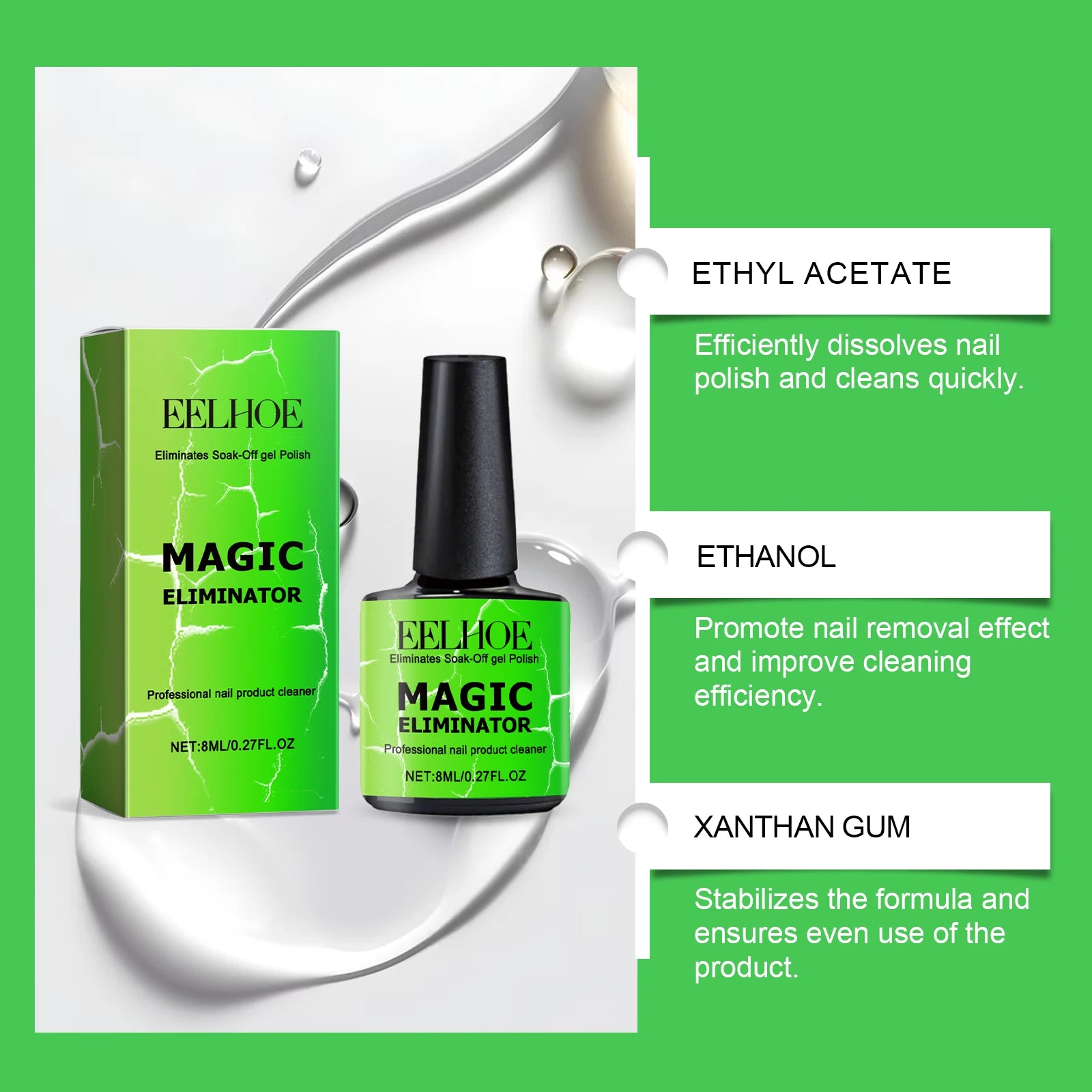 EELHOE 8ml Nail Gel Remover 3 Minutes Fast Remove Polish Soak Off Clean UV Harmless Reduce Dryness Non-Irritating Easily Removes