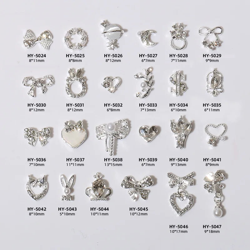 Mix 10/15pcs Shaped Rhinestones Nail Charm Silver Bowknot Nail Dangles Luxury Metal Heart 3D Nail Art Decoration Manicu