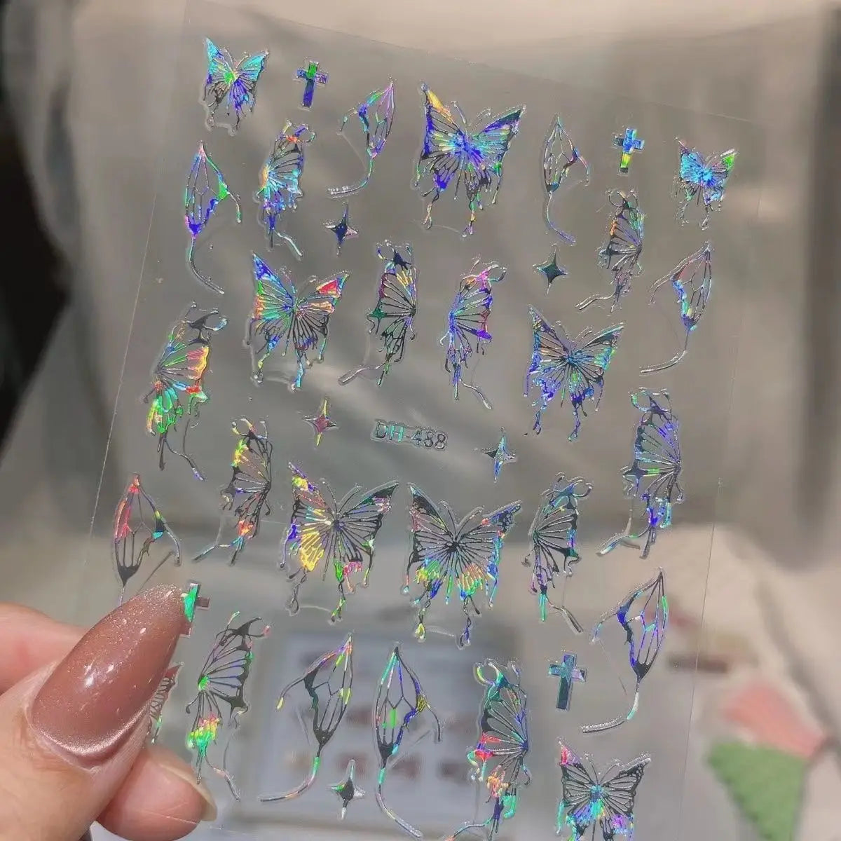 Pink Purple Aurora Shell Butterfly Nail Stickers Shiny Laser 3D Butterflies Nail Decals 8*10cm Adhesive Aurora Shell Butterfly N