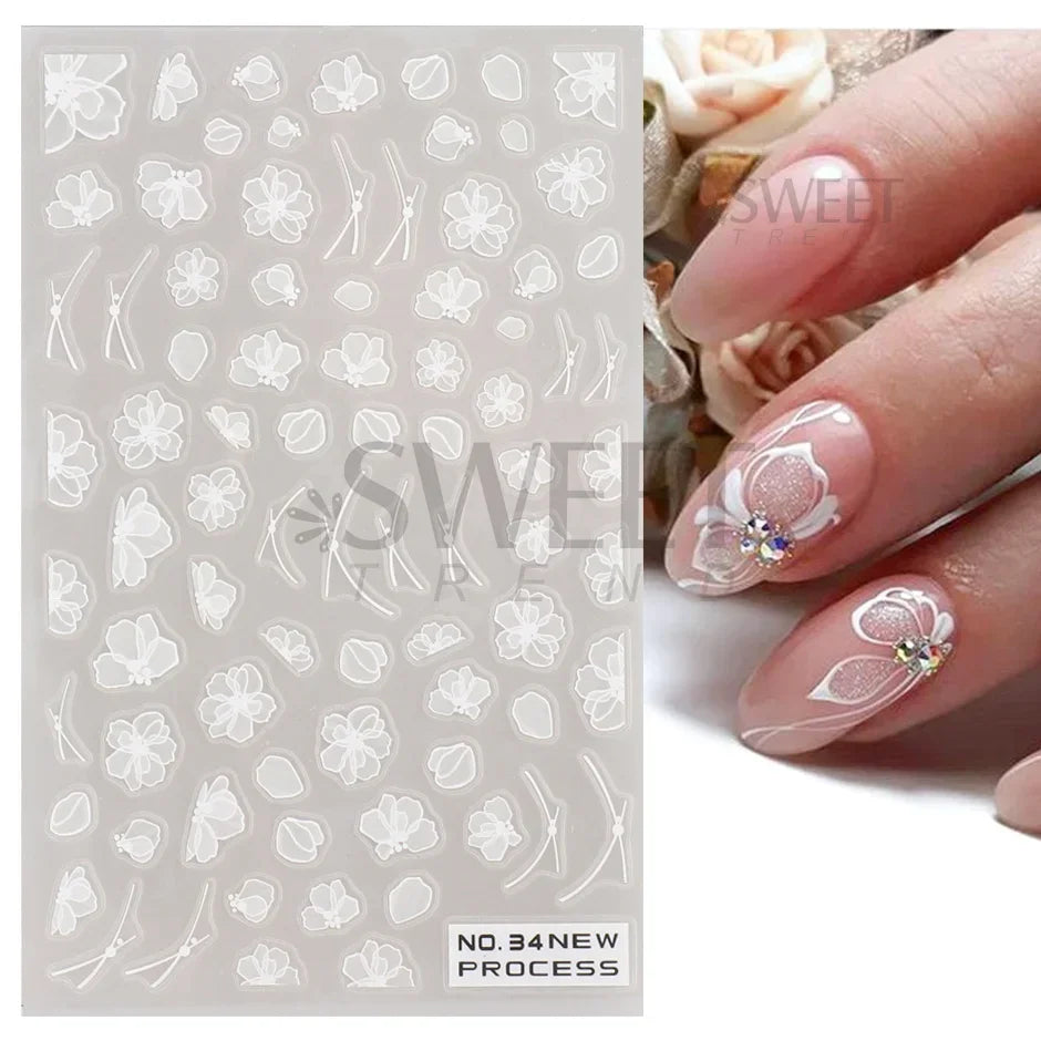 White Lace Flower Nail Art Sticker Acrylic Floral Charm Adhesive Sliders Elegant Wedding Bride Simple Line Design Manicure Decal