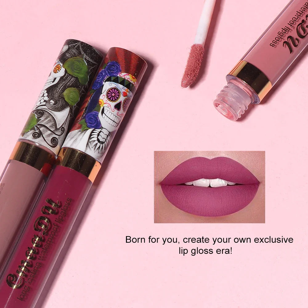 1pcs Matte Lip Gloss - Long-Lasting, Waterproof, Non-Fading, for All Skin Types - Vibrant Red Shades with Floral & Skull Designs