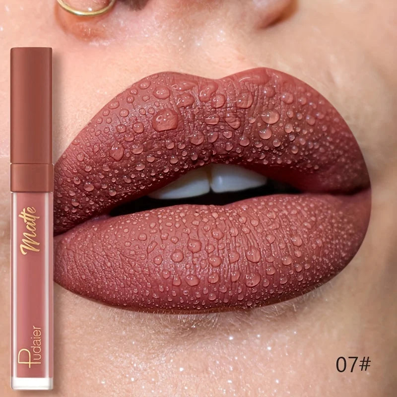 Pudaier Velvet Lip Glaze Matte Finish Deep Brown with Golden Accents Long-Lasting Waterproof Smudgeproof Lightweight Lip Stain