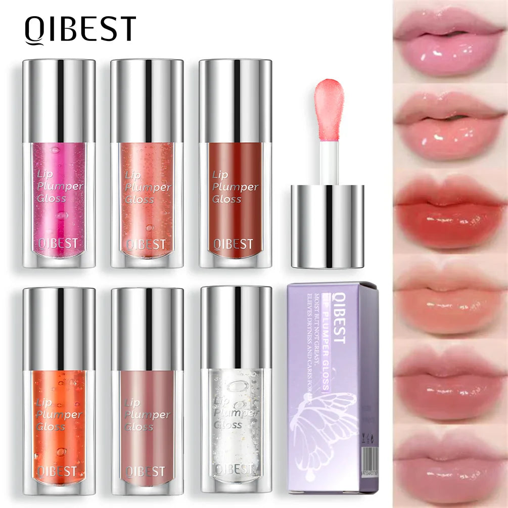 QIBEST Crystal Jelly Moisturizing Lip Oil Plumping Lip Gloss Makeup Sexy Plump Lip Glow Oil Tinted Lip Plumper Lip Care 6 Colors