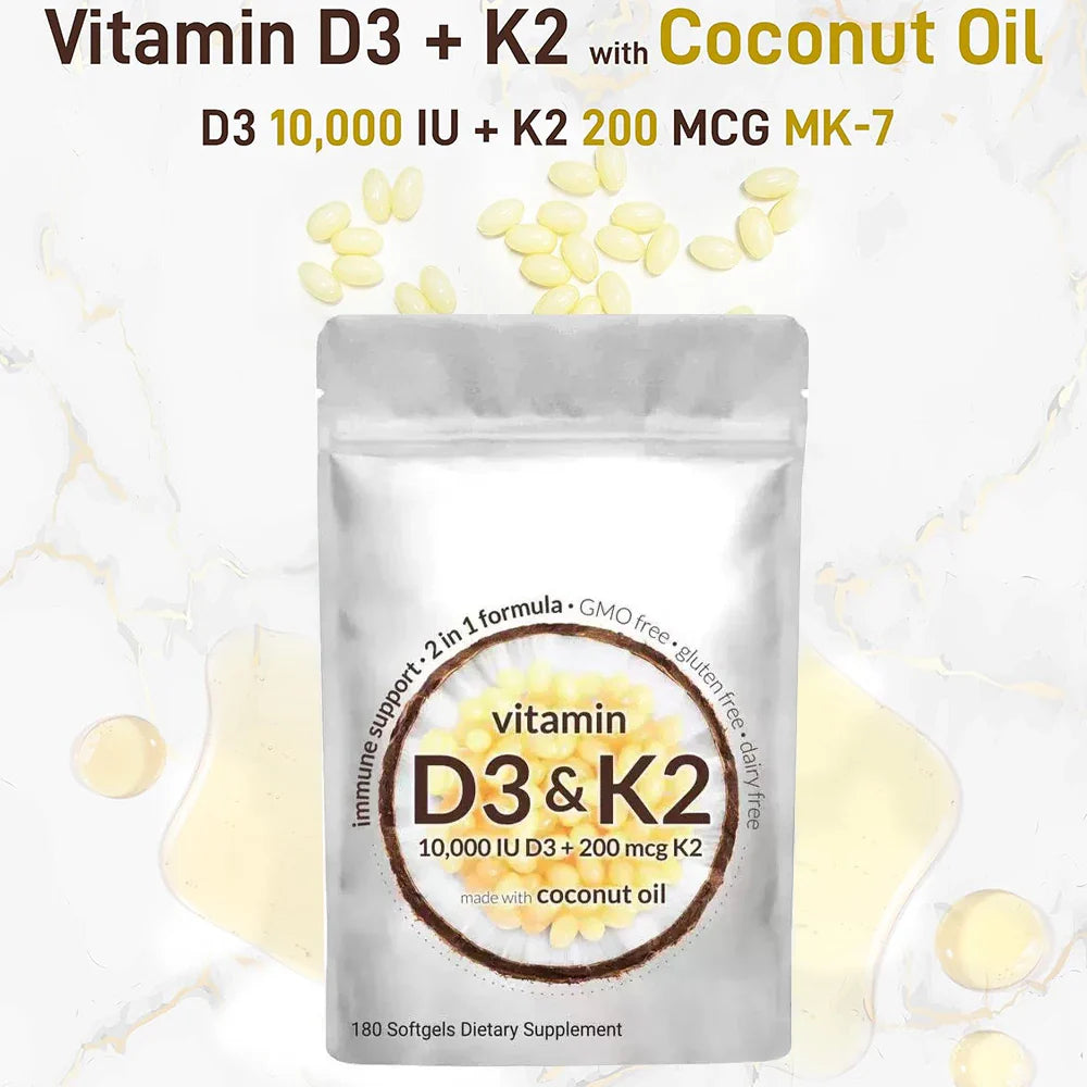 Vitamin D3 K2 10000 IU 300 Coconut Oil Softgels, 2 in 1 Vitamins Supplement D & K (MK7) Supports Calcium Absorption, Bone Health