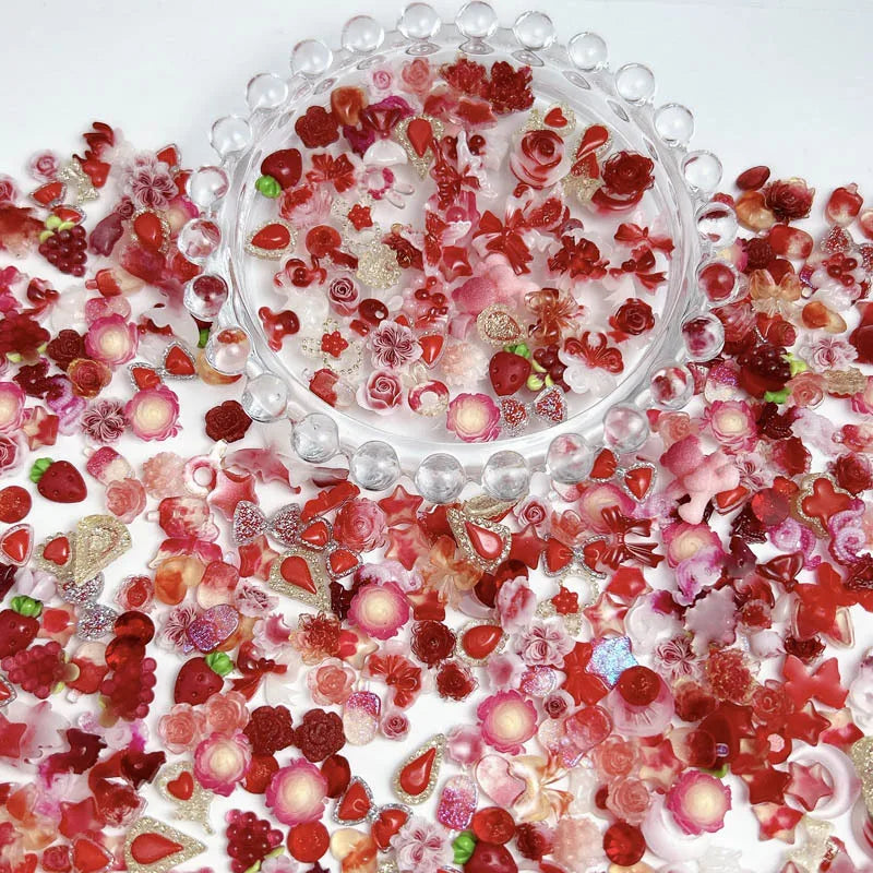 100Pcs Mixed Cute Cartoon Nail Charms 3D Resin Flower Bow Fruit Nail Art Decorations Manicure DIY Phone Case Accessories