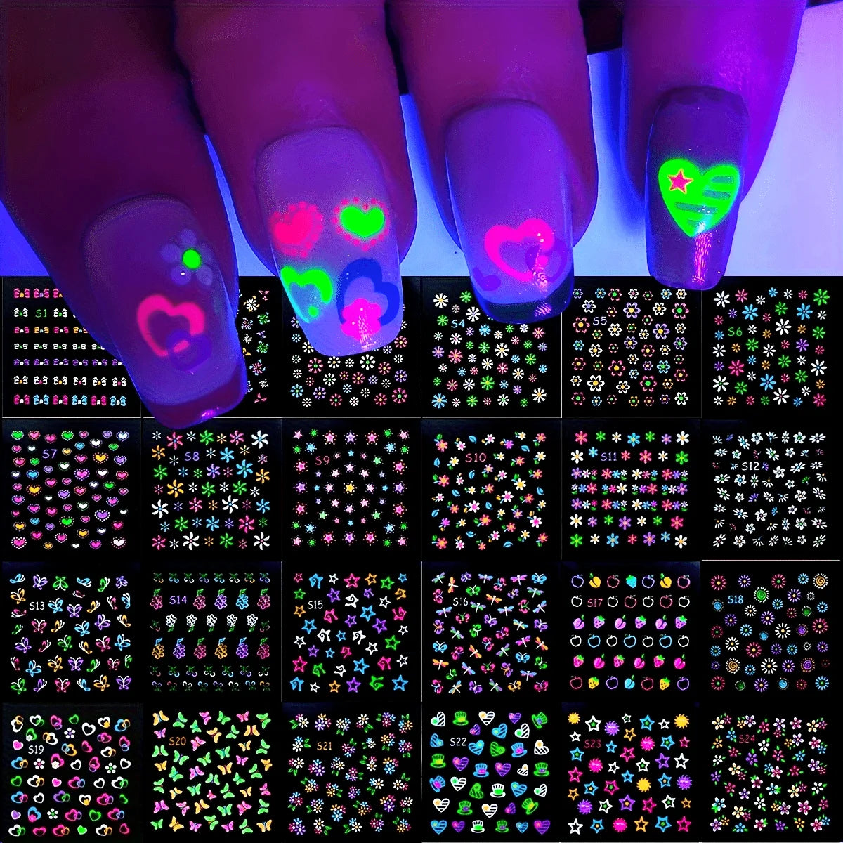 30 Sheets 3D Glow in The Dark Neon Nail Stickers - Glittery Glossy Self-Adhesive Nail Art Decorations with Butterfly, Love Heart