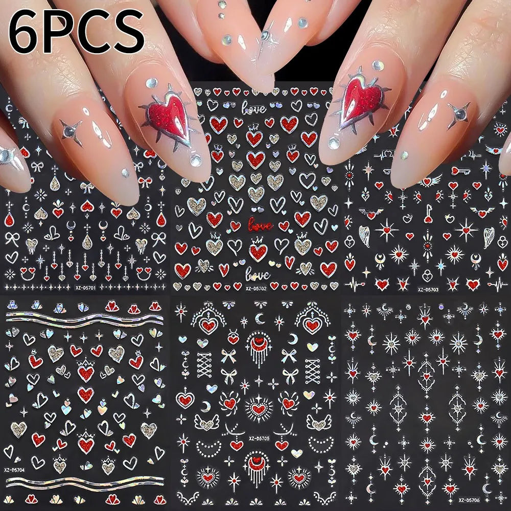 8pc 3D Mixed Color Heart Nail Stickers Valentines' Day Sweet Red Pink Love Selfadhesive Nail Decoration Decals Manicure Supplies