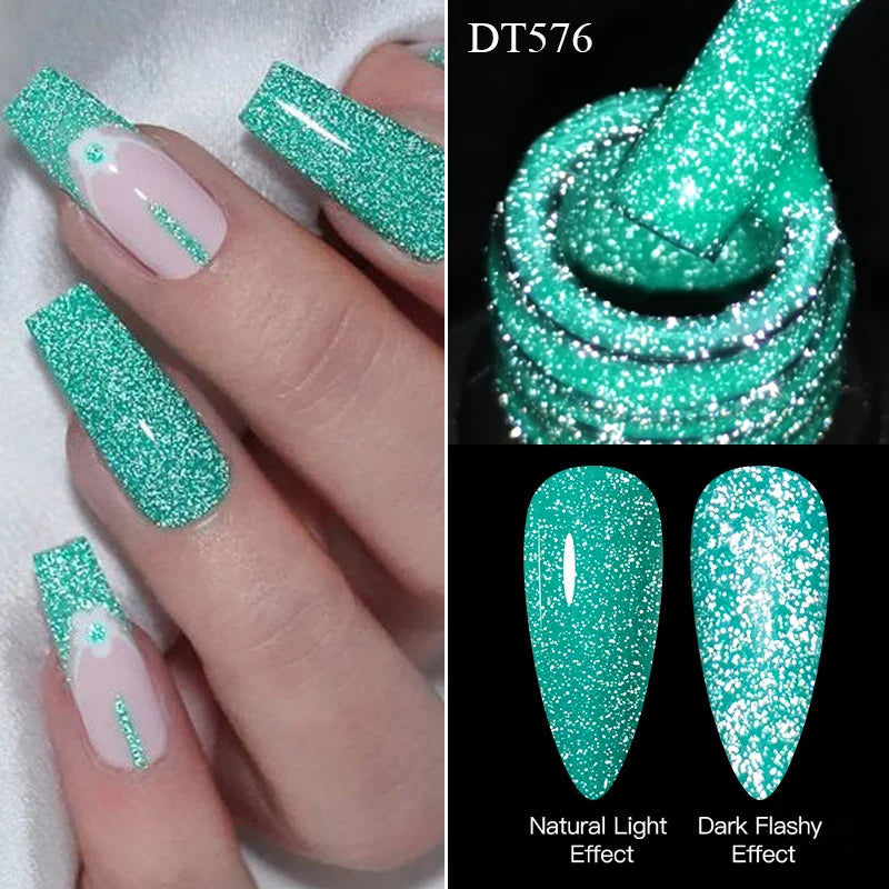 MEET ACROSS 7ml Pink Fluorescent Reflective Gel Nail Polish Glitter Neon Semi Permanent UV LED Gel Nail Art Varnish Manicure