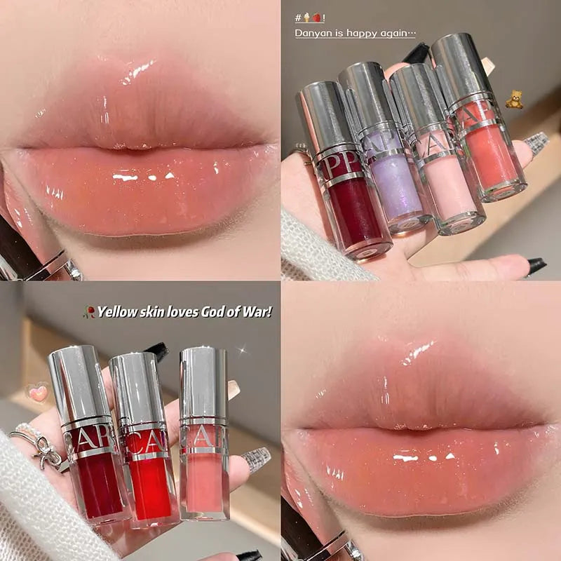 Mirror-like, moisturizing glass lip gloss with long-lasting, clear, plumping, and lip line-reducing properties. Lip gloss.