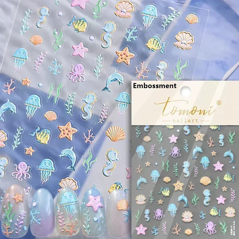 Sea Wave Jellyfish Starfish Conch Shell Dolphin Pearl Summer Beach Goldfish Water Bubble Mermaid Koi INS Nail Art Stickers Decal