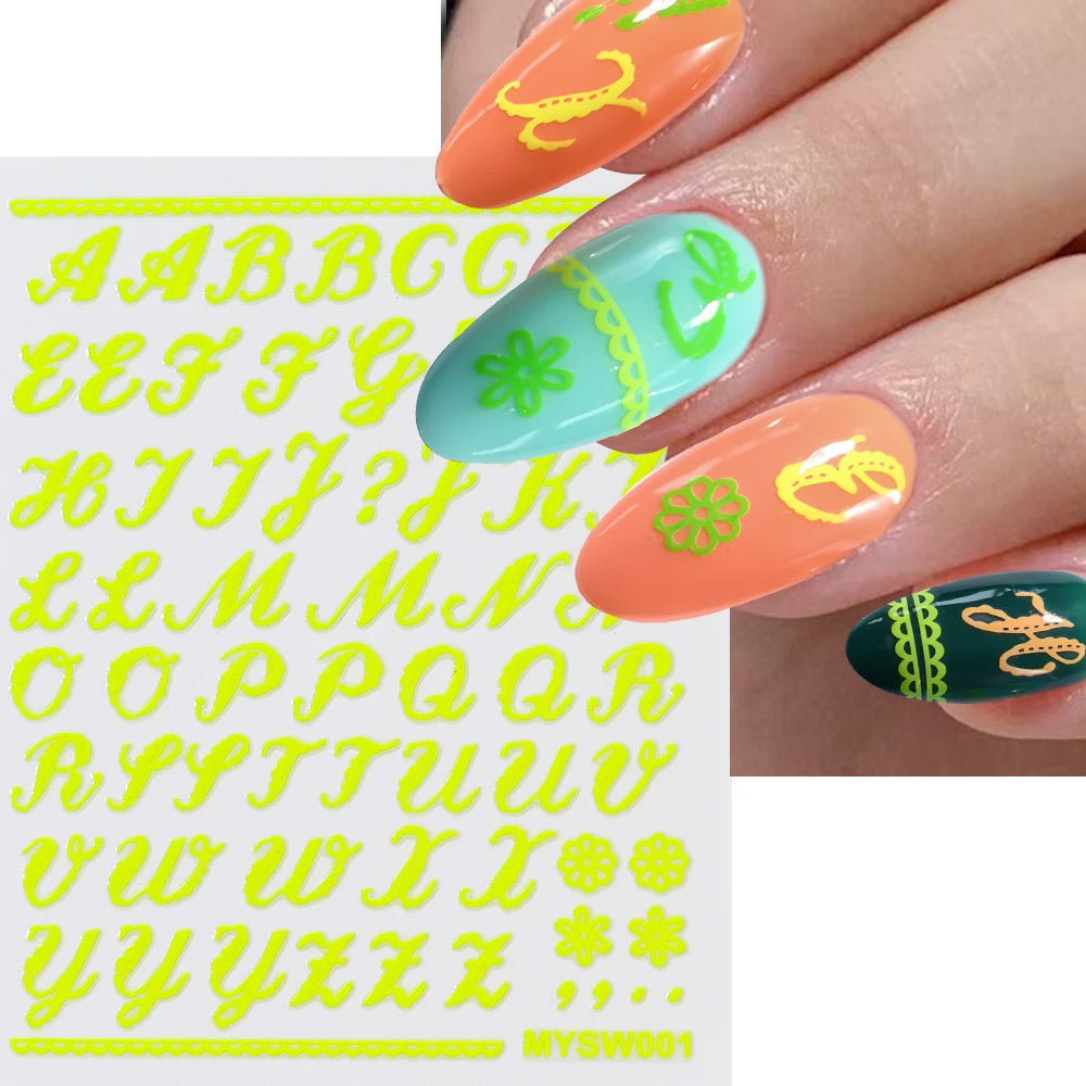 1Pc 3D Roman Letter Nail Stickers Gold/Silver/Black/Laser Alphabet Self Adhesive Decal Y2K English Words/Number Manicure Sliders