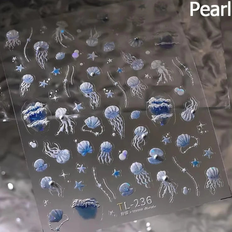 Sea Wave Jellyfish Starfish Conch Shell Dolphin Pearl Summer Beach Goldfish Water Bubble Mermaid Koi INS Nail Art Stickers Decal