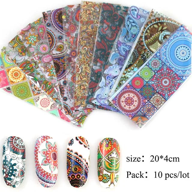 10pcs Holographic Nail Foil Slider Mix Flower Designs Set Transfer Nails Stickers Floral Prints Manicure Decal Art Decoration
