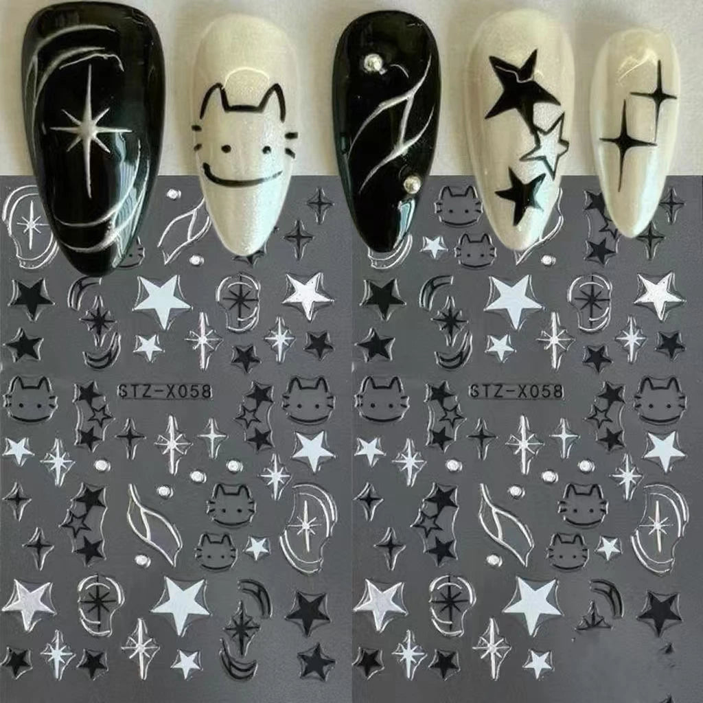 Black Silver Cat Animals Nail Sticker Decals Y2K Charms Cute Dog Cartoon Adhesive Sliders Foils For Manicure Nail Art Decoration