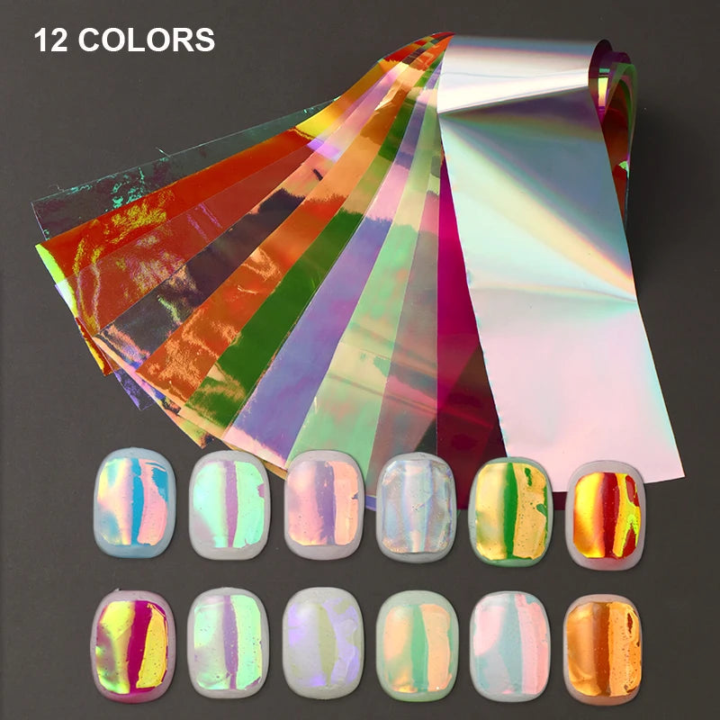 12pcs Aurora Foils Nail Art Stickers Holographic Laser Glass Paper Iridescent Cellophane Sliders Y2K Ice Cube Nail Art Decor