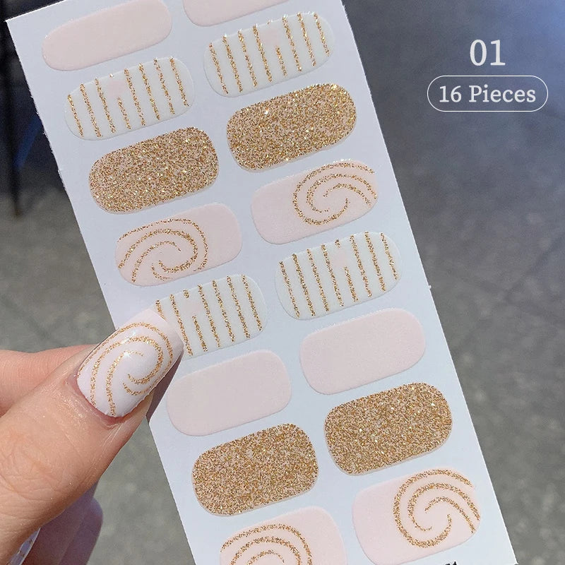 Pink Glitter Design Baking-free Nail Stickers French Style Solid Color Adhesive Full Cover Nail Strip Slider DIY Manicure Decals