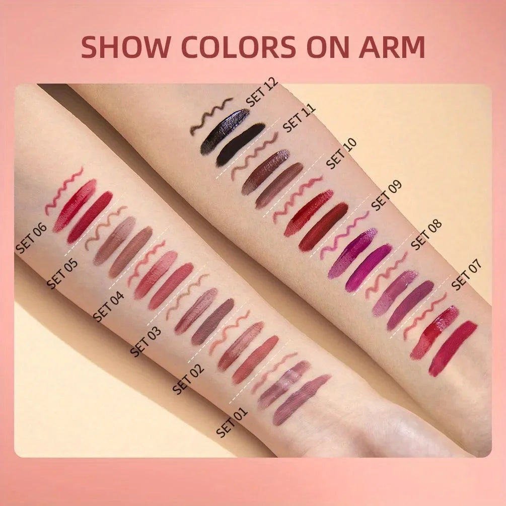 3 in 1 Lipstick and Lipliner Set, Long Lasting Waterproof Lip Stain Liquid Lipgloss Set for Women Halloween Gothic Makeup
