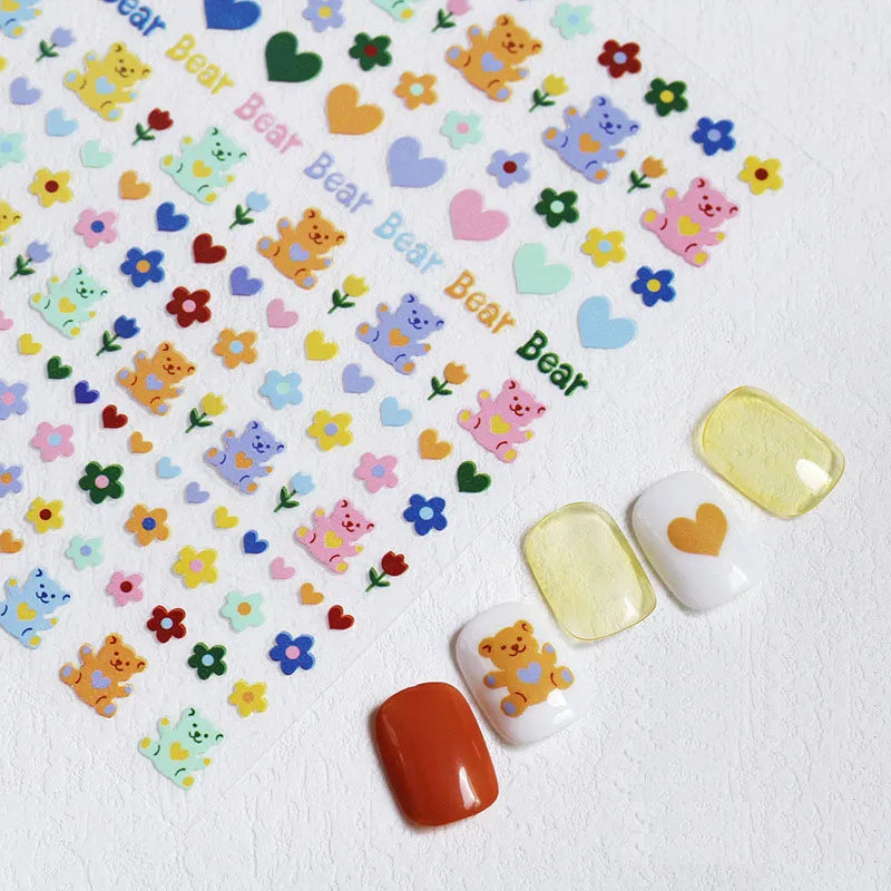 Cute Cartoon Nail Art Stickers, Bear Rabbit Flowers Panda Designs, Adhesive Decals for Nails Manicure Decoration