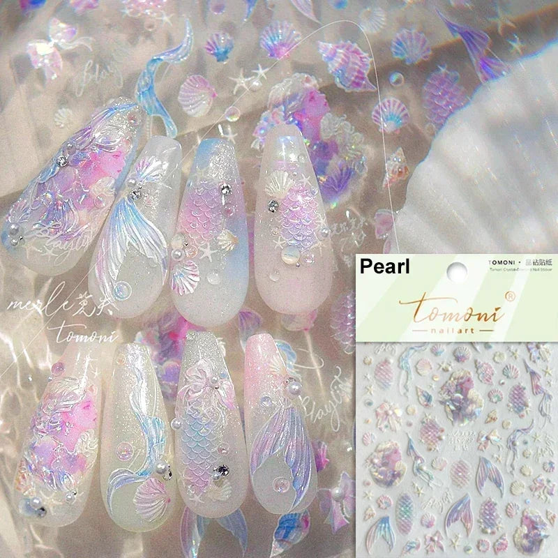 Sea Wave Jellyfish Starfish Conch Shell Dolphin Pearl Summer Beach Goldfish Water Bubble Mermaid Koi INS Nail Art Stickers Decal