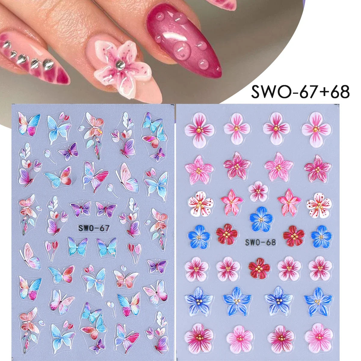 2pcs Sweet Element Nail Art Stickers Simple Flower Heart Cherry Strawberry Kawaii Decals Colorful Bow Butterfly Manicure Sliders