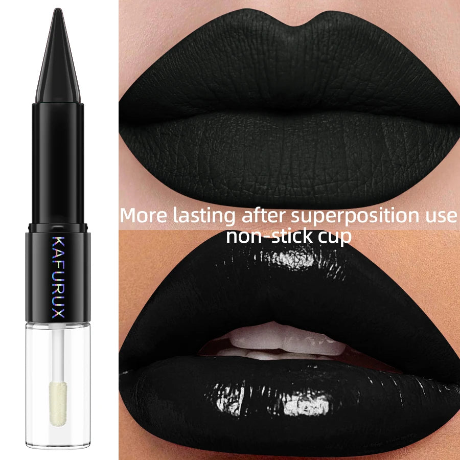 Black Matte 2 In 1 Double Head Lipstick Lip Coat Set Waterproof Coat 24HR Korean Makeup Gifts High Pigment Lip Tint Plumper
