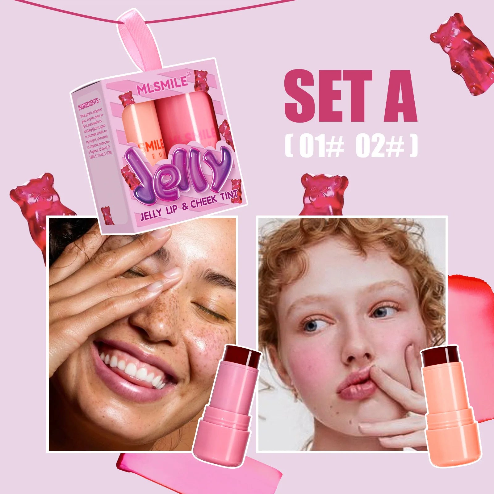 Women Brightening Face Blush Stick 2PCS Jelly Set Purple Lip Cheek Makeup Cosmetics Beauty Health
