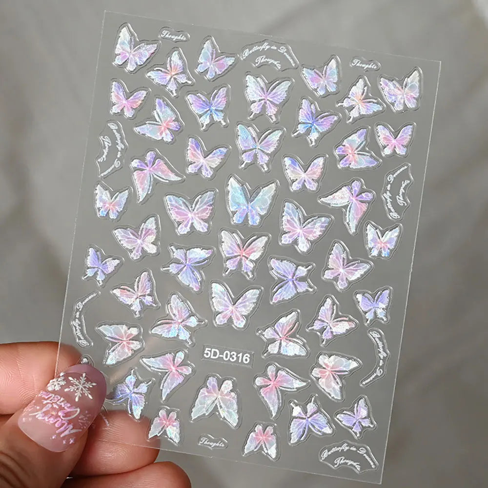 Pink Purple Aurora Shell Butterfly Nail Stickers Shiny Laser 3D Butterflies Nail Decals 8*10cm Adhesive Aurora Shell Butterfly N